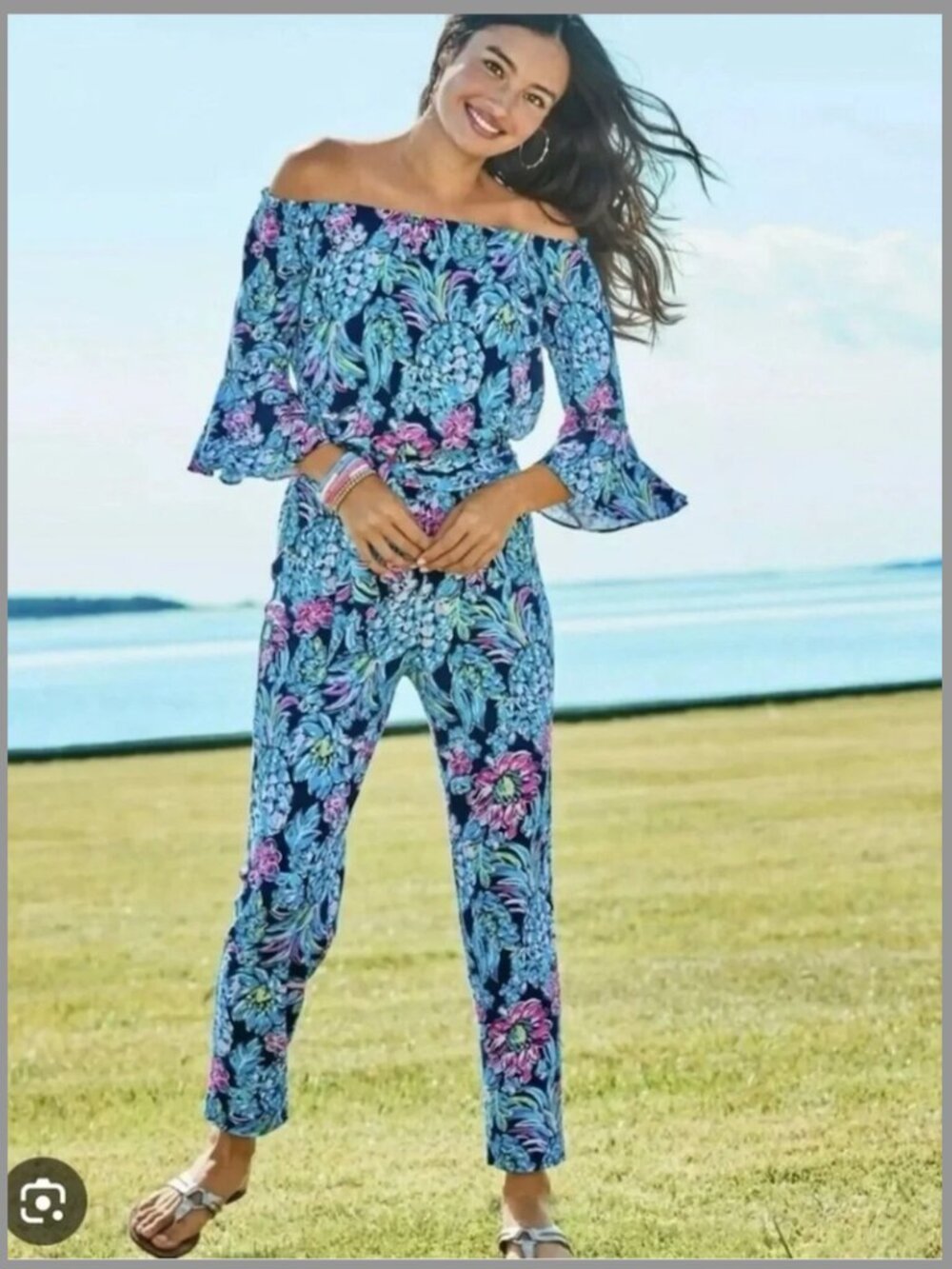 Lilly Pulitzer Calla Off-The-Shoulder Jumpsuit in High Tide Pineapple Parade